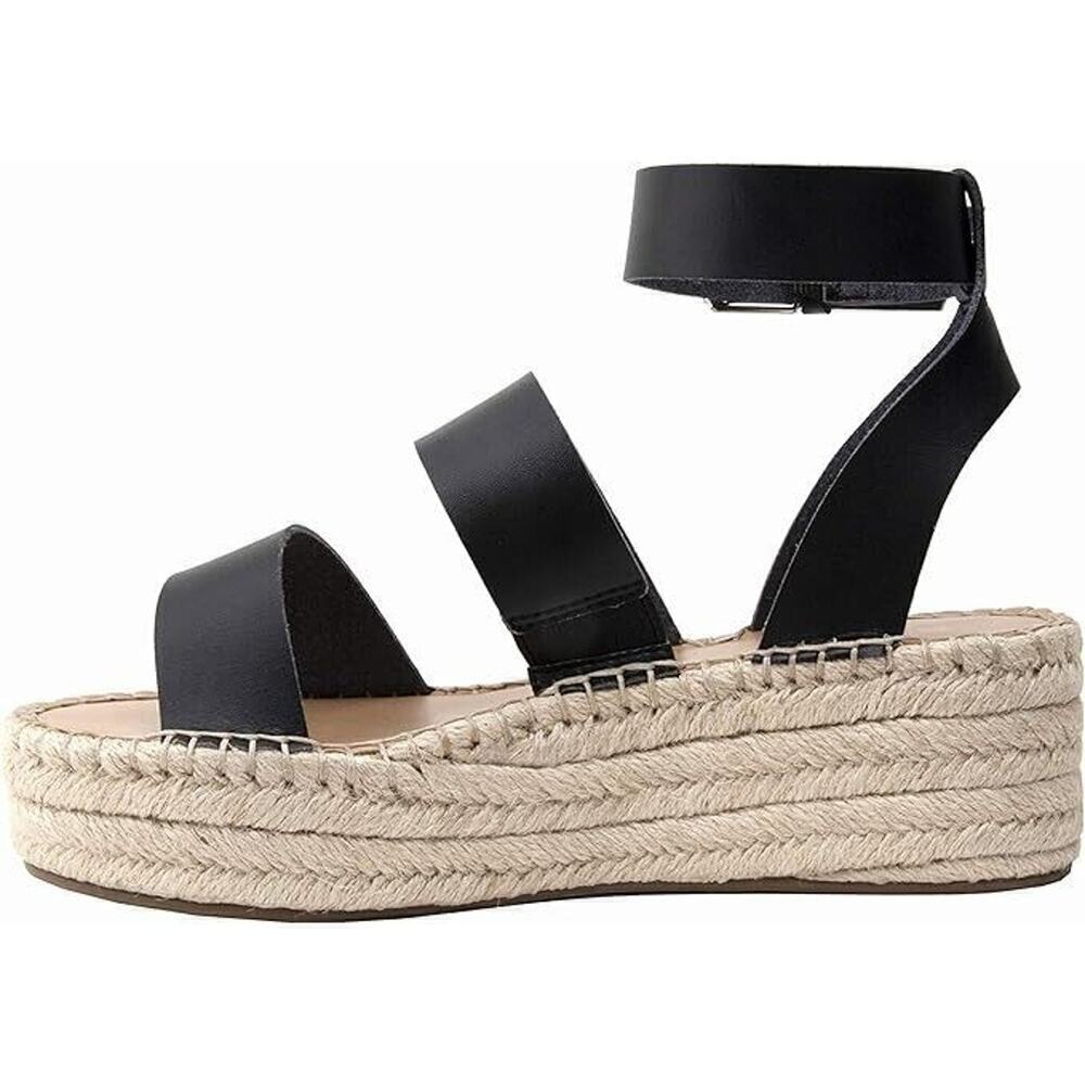Women's Espadrille Flatform Ankle Strap Sandal Wedge, Faux Leather,‎ Black 7.5 - Picture 3 of 7